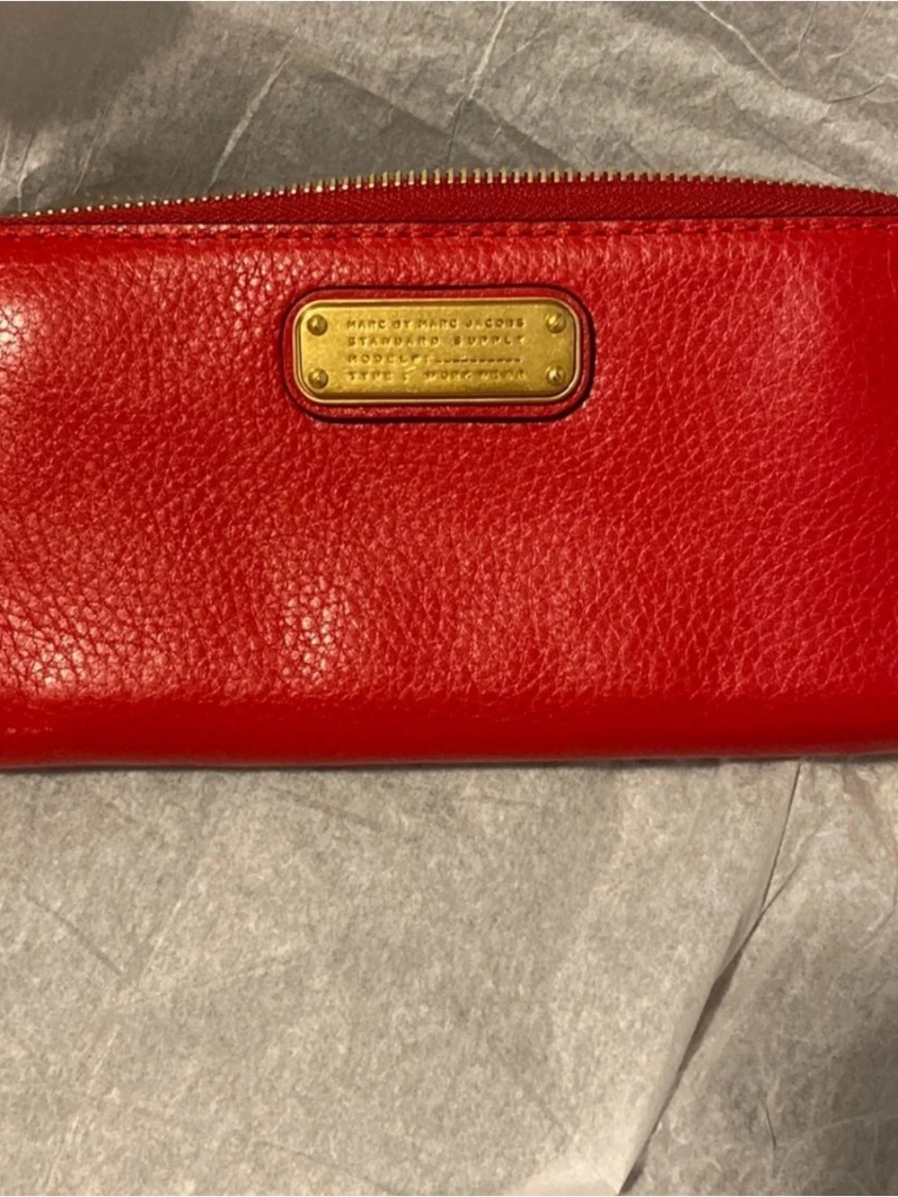 Marc Jacobs Red Leather Zip Wallet with Gold Plaque